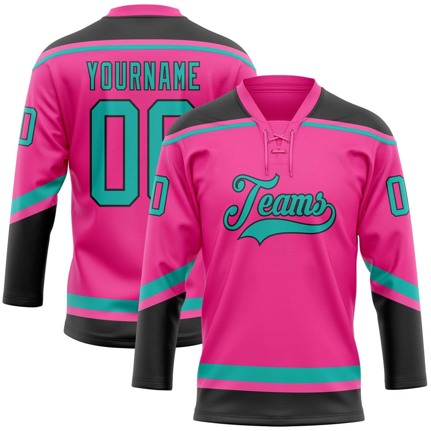 Personalized Pink Aqua-Black Hockey Lace Neck Jersey Team Custom Name and Number