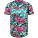 Personalized Pink Aqua-White 3D Pattern Design Northeast China Big Flower Authentic Baseball Jersey Team Custom Name and Number