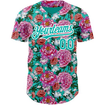 Personalized Pink Aqua-White 3D Pattern Design Northeast China Big Flower Authentic Baseball Jersey Team Custom Name and Number