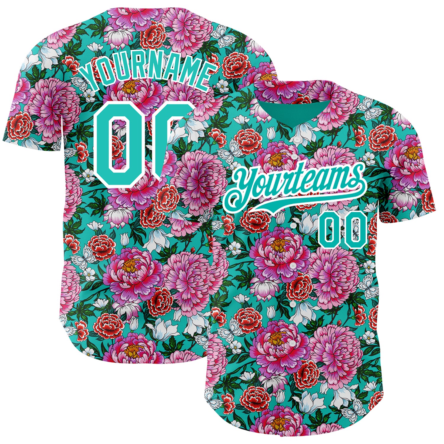 Personalized Pink Aqua-White 3D Pattern Design Northeast China Big Flower Authentic Baseball Jersey Team Custom Name and Number