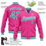 Personalized Pink Aqua-White Bomber Full-Snap Varsity Letterman Jacket Team Custom Name and Number