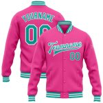 Personalized Pink Aqua-White Bomber Full-Snap Varsity Letterman Jacket Team Custom Name and Number