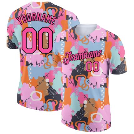 Personalized Pink Black 3D Pattern Design Abstract Doodle Performance T-Shirt Team Custom Name and Number