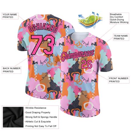Personalized Pink Black 3D Pattern Design Abstract Doodle Performance T-Shirt Team Custom Name and Number