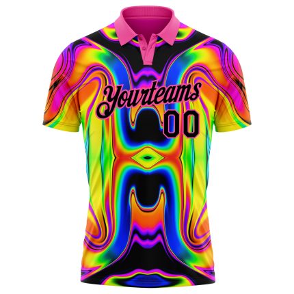 Personalized Pink Black 3D Pattern Design Abstract Iridescent Psychedelic Swirl Fluid Art Performance Golf Polo Shirt Team Custom Name and Number