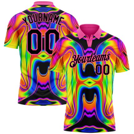 Personalized Pink Black 3D Pattern Design Abstract Iridescent Psychedelic Swirl Fluid Art Performance Golf Polo Shirt Team Custom Name and Number