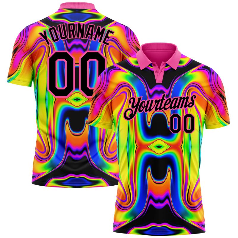 Personalized Pink Black 3D Pattern Design Abstract Iridescent Psychedelic Swirl Fluid Art Performance Golf Polo Shirt Team Custom Name and Number