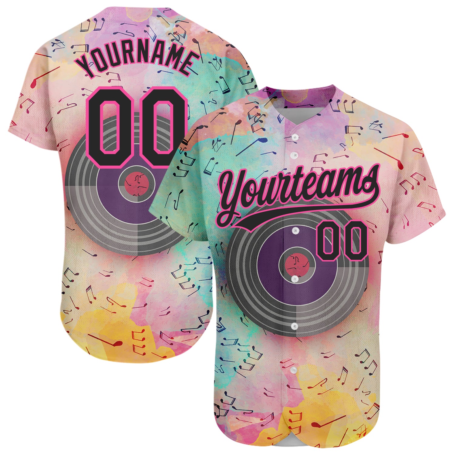 Personalized Pink Black 3D Pattern Design Music Festival Watercolor Colored Musical Notes Authentic Baseball Jersey Team Custom Name and Number