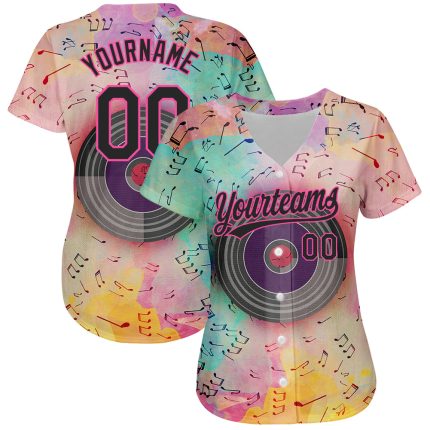 Personalized Pink Black 3D Pattern Design Music Festival Watercolor Colored Musical Notes Authentic Baseball Jersey Team Custom Name and Number