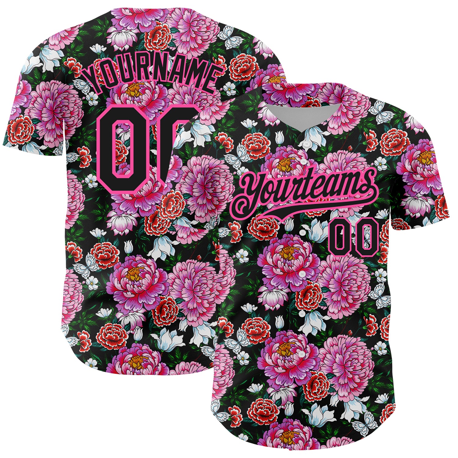 Personalized Pink Black 3D Pattern Design Northeast China Big Flower Authentic Baseball Jersey Team Custom Name and Number