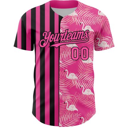 Personalized Pink Black 3D Pattern Design Tropical Palm Leaves And Famingo Authentic Baseball Jersey Team Custom Name and Number