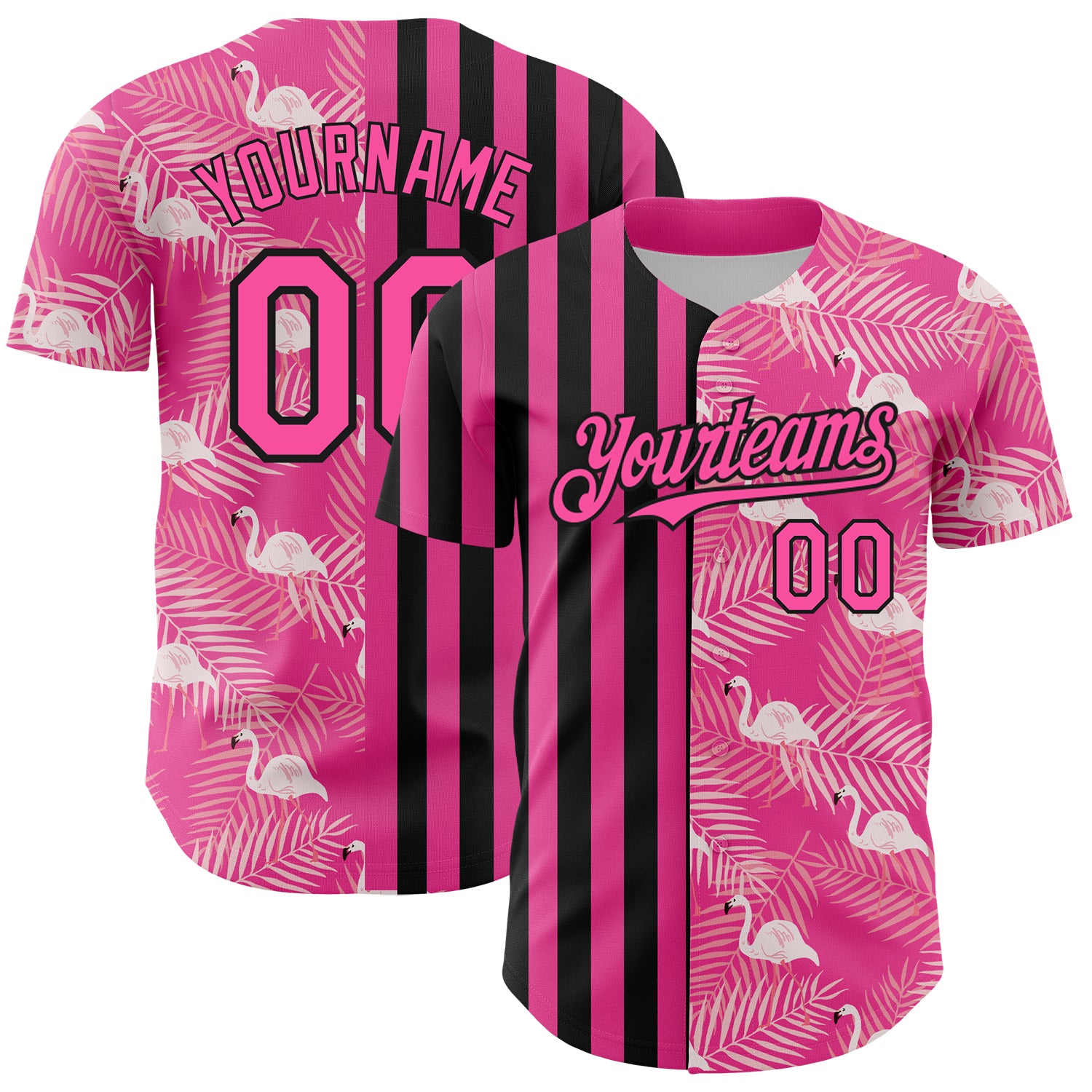 Personalized Pink Black 3D Pattern Design Tropical Palm Leaves And Famingo Authentic Baseball Jersey Team Custom Name and Number