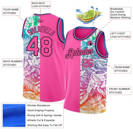 Personalized Pink Black 3D Pattern Tropical Hawaii Palm Leaves Authentic Basketball Jersey Team Custom Name and Number