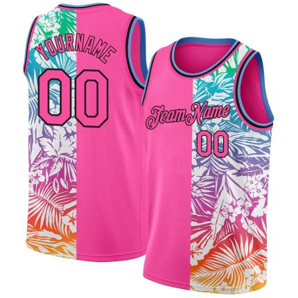 Personalized Pink Black 3D Pattern Tropical Hawaii Palm Leaves Authentic Basketball Jersey Team Custom Name and Number