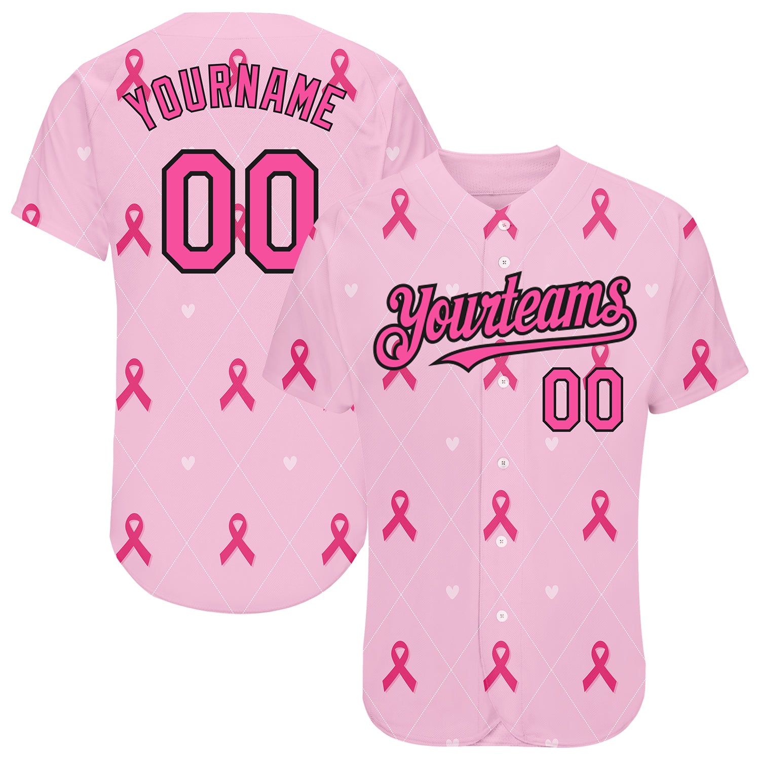 Personalized Pink Black 3D Pink Ribbon Breast Cancer Awareness Month Women Health Care Support Authentic Baseball Jersey Team Custom Name and Number