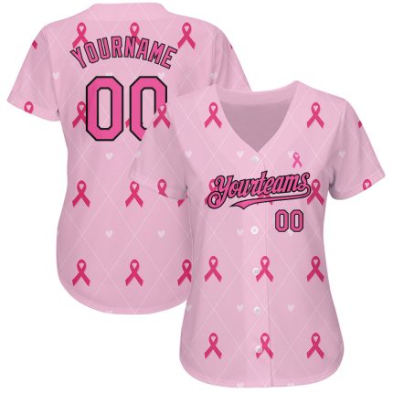 Personalized Pink Black 3D Pink Ribbon Breast Cancer Awareness Month Women Health Care Support Authentic Baseball Jersey Team Custom Name and Number