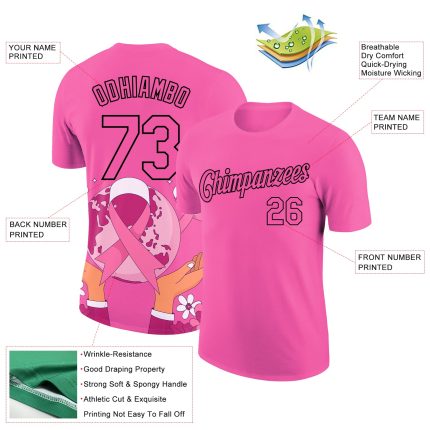 Personalized Pink Black 3D Pink Ribbon Breast Cancer Performance T-Shirt