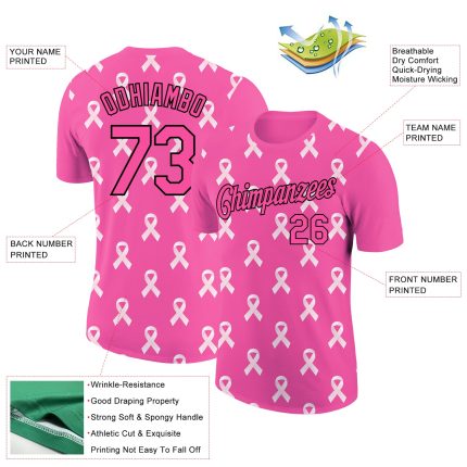 Personalized Pink Black 3D Pink Ribbon Breast Cancer Performance T-Shirt Team Custom Name and Number