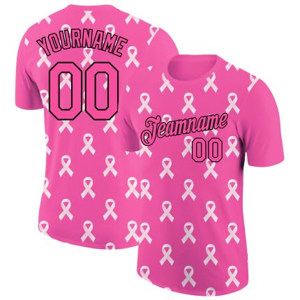 Personalized Pink Black 3D Pink Ribbon Breast Cancer Performance T-Shirt Team Custom Name and Number
