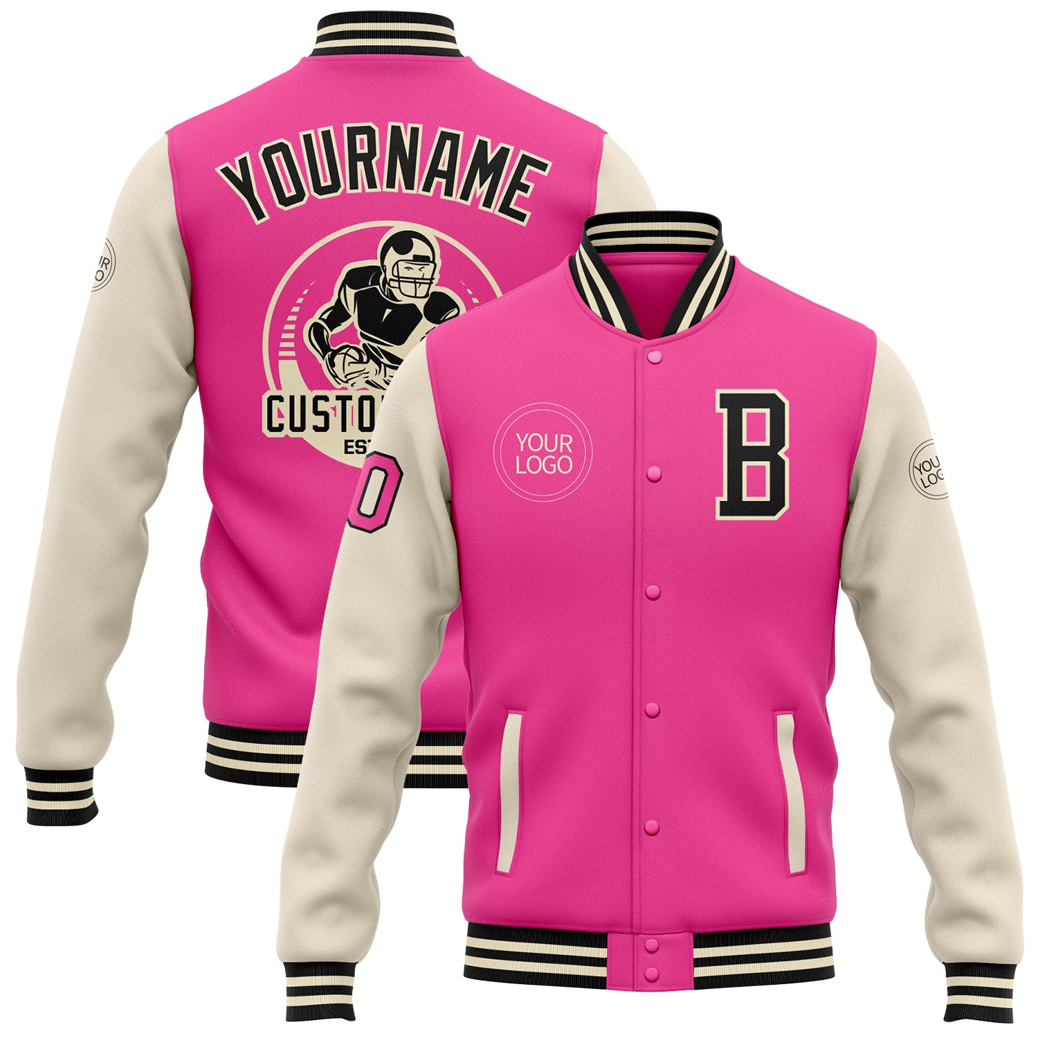 Personalized Pink Black-Cream Bomber Full-Snap Varsity Letterman Two Tone Jacket