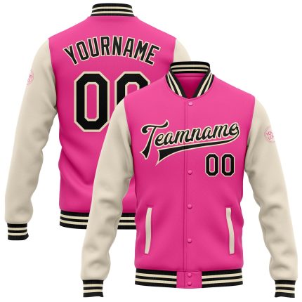 Personalized Pink Black-Cream Bomber Full-Snap Varsity Letterman Two Tone Jacket Team Custom Name and Number