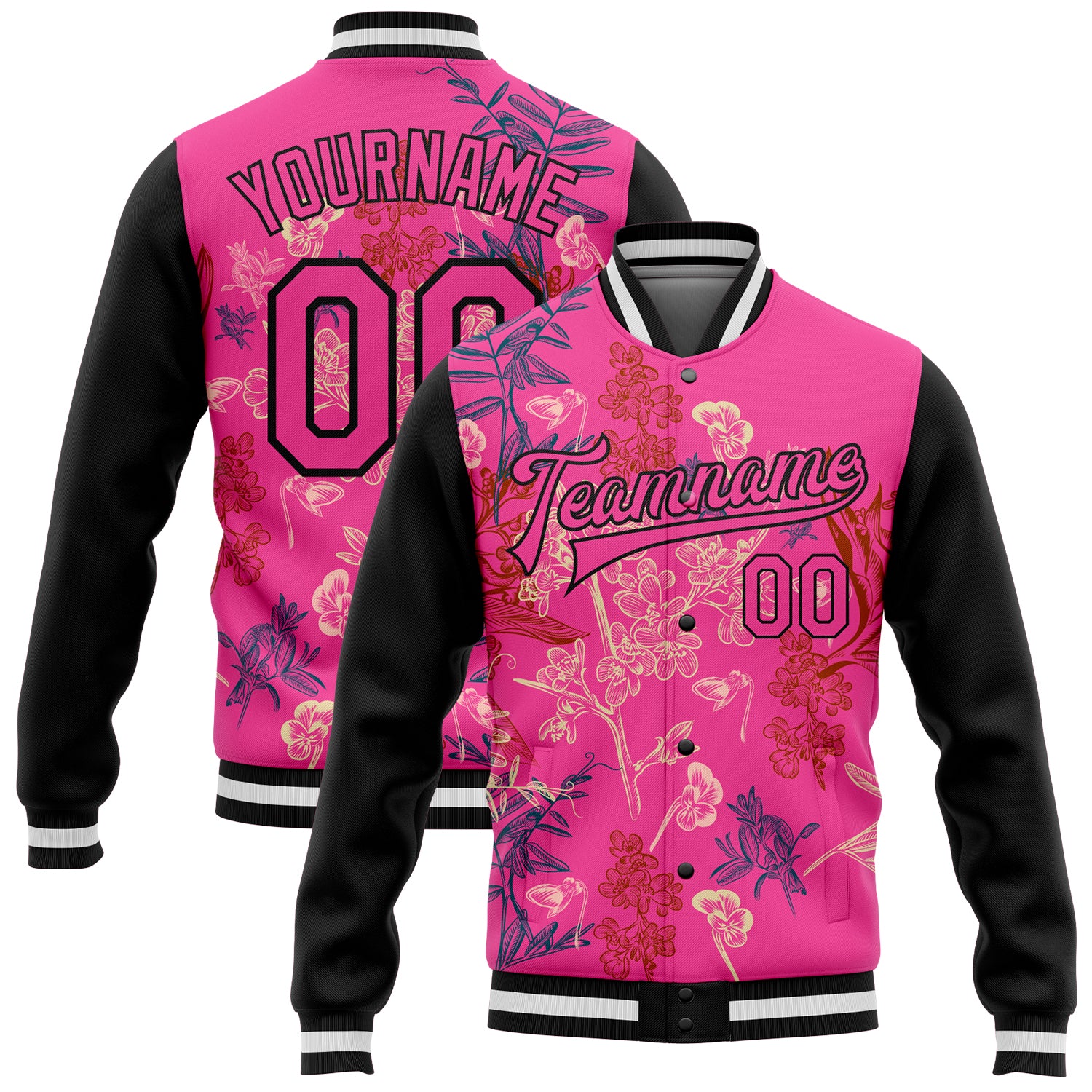Personalized Pink Black Flowers 3D Pattern Design Bomber Full-Snap Varsity Letterman Jacket Team Custom Name and Number