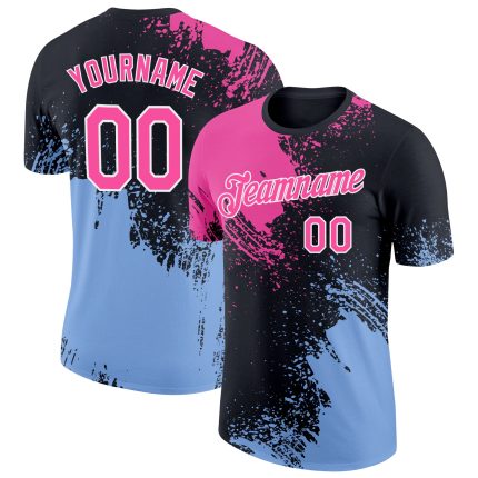 Personalized Pink Black-Light Blue 3D Pattern Design Abstract Brush Stroke Performance T-Shirt Team Custom Name and Number