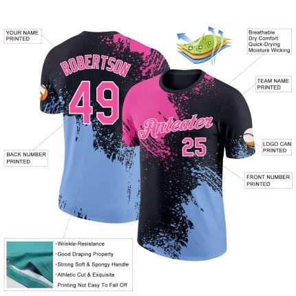 Personalized Pink Black-Light Blue 3D Pattern Design Abstract Brush Stroke Performance T-Shirt Team Custom Name and Number