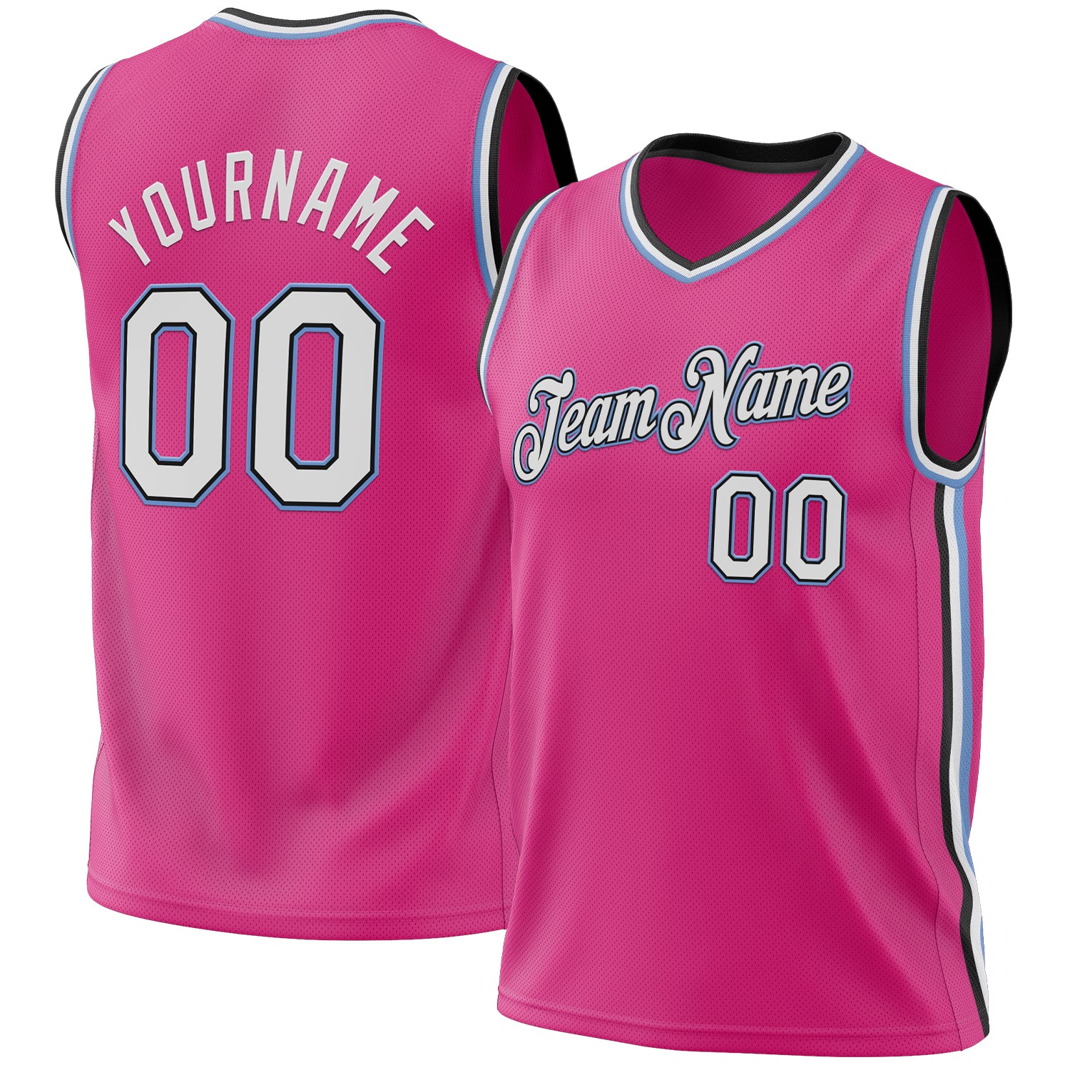 Personalized Pink Black-Light Blue Authentic Throwback Basketball Jersey