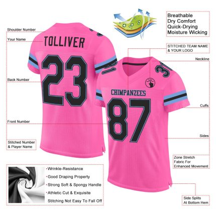 Personalized Pink Black-Light Blue Mesh Authentic Football Jersey Team Custom Name and Number