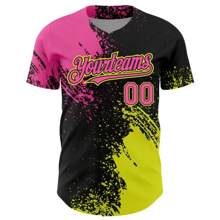 Personalized Pink Black-Neon Yellow 3D Pattern Design Abstract Brush Stroke Authentic Baseball Jersey Team Custom Name and Number