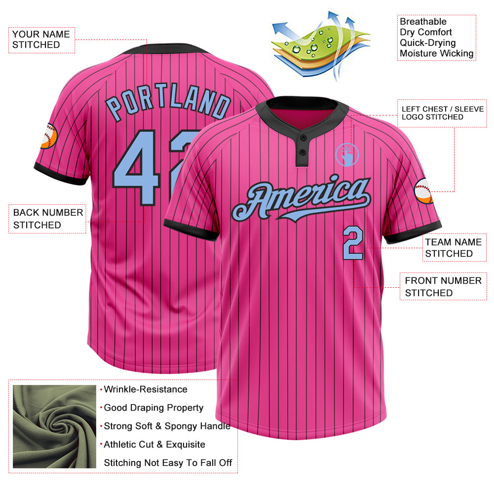Personalized Pink Black Pinstripe Light Blue Two-Button Unisex Softball Jersey Team Custom Name and Number Personalized Pink Black Pinstripe Light Blue Two-Button Unisex Softball Jersey Team Custom Name and Number - Image 3