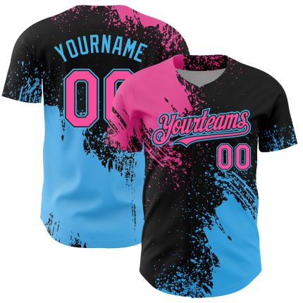 Personalized Pink Black-Sky Blue 3D Pattern Design Abstract Brush Stroke Authentic Baseball Jersey Team Custom Name and Number