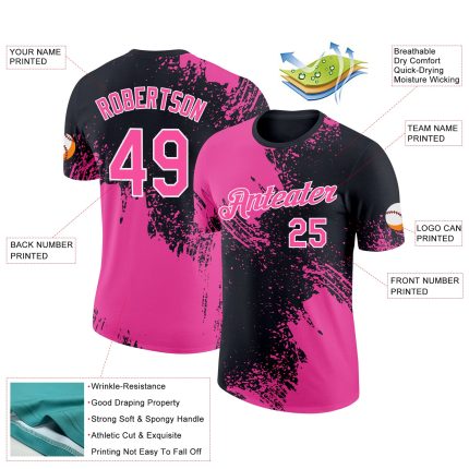 Personalized Pink Black-White 3D Pattern Design Abstract Brush Stroke Performance T-Shirt Team Custom Name and Number