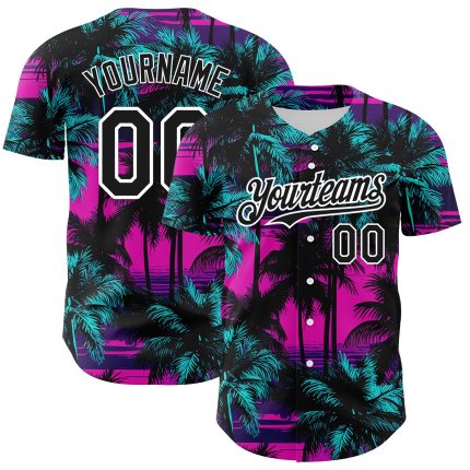 Personalized Pink Black-White 3D Pattern Design Beach Hawaii Palm Trees Authentic Baseball Jersey Team Custom Name and Number