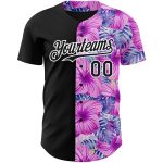 Personalized Pink Black-White 3D Pattern Design Tropical Flower And Hawaii Palm Leaves Authentic Baseball Jersey Team Custom Name and Number