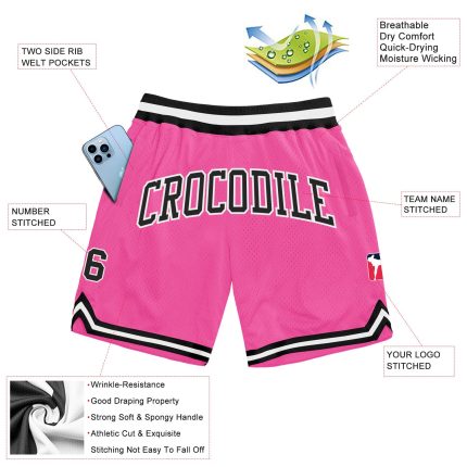 Personalized Pink Black-White Authentic Throwback Basketball Shorts Team Custom Name and Number