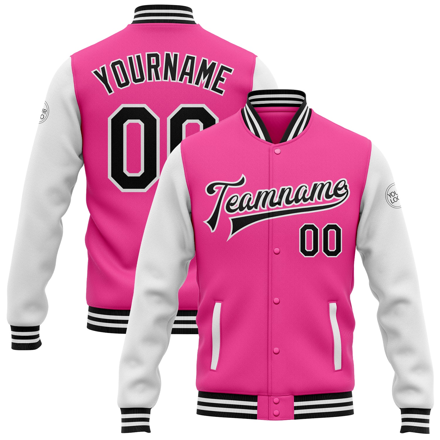 Personalized Pink Black-White Bomber Full-Snap Varsity Letterman Two Tone Jacket