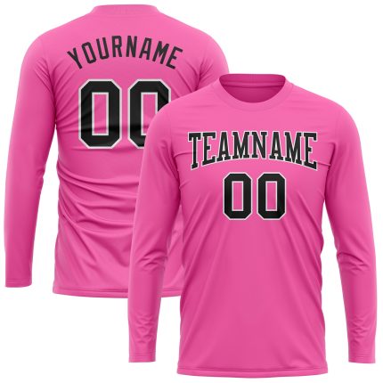 Personalized Pink Black-White Long Sleeve Performance T-Shirt Team Custom Name and Number