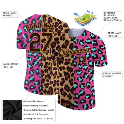 Personalized Pink Brown-Old Gold 3D Pattern Design Leopard Performance T-Shirt Team Custom Name and Number