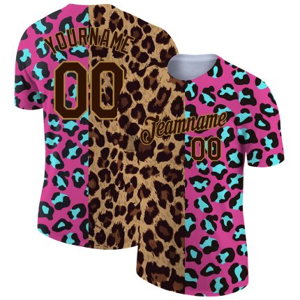 Personalized Pink Brown-Old Gold 3D Pattern Design Leopard Performance T-Shirt Team Custom Name and Number