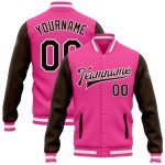 Personalized Pink Brown-White Bomber Full-Snap Varsity Letterman Two Tone Jacket Team Custom Name and Number
