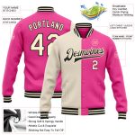 Personalized Pink Cream-Black Bomber Full-Snap Varsity Letterman Split Fashion Jacket Team Custom Name and Number
