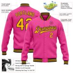 Personalized Pink Gold-Black Bomber Full-Snap Varsity Letterman Jacket Team Custom Name and Number