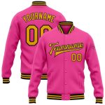 Personalized Pink Gold-Black Bomber Full-Snap Varsity Letterman Jacket Team Custom Name and Number