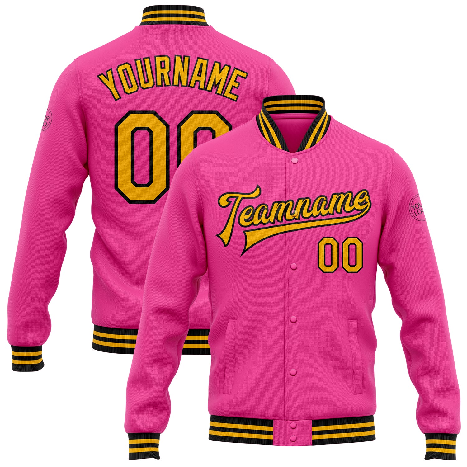 Personalized Pink Gold-Black Bomber Full-Snap Varsity Letterman Jacket Team Custom Name and Number