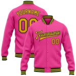 Personalized Pink Gold-Green Bomber Full-Snap Varsity Letterman Jacket Team Custom Name and Number
