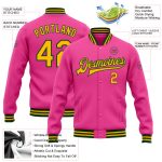 Personalized Pink Gold-Green Bomber Full-Snap Varsity Letterman Jacket Team Custom Name and Number