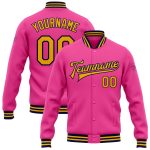 Personalized Pink Gold-Navy Bomber Full-Snap Varsity Letterman Jacket Team Custom Name and Number