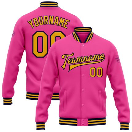 Personalized Pink Gold-Navy Bomber Full-Snap Varsity Letterman Jacket Team Custom Name and Number